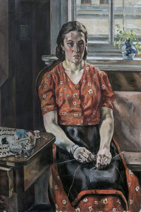Malerei Junge Frau mit Strickzeug